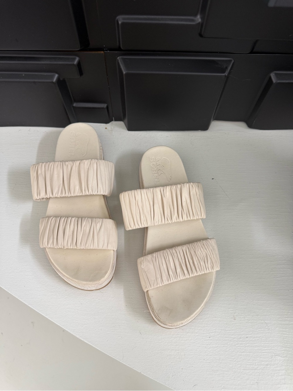 Sorel Women’s Double Ruched-Strap Slide Sandals in Light Beige
